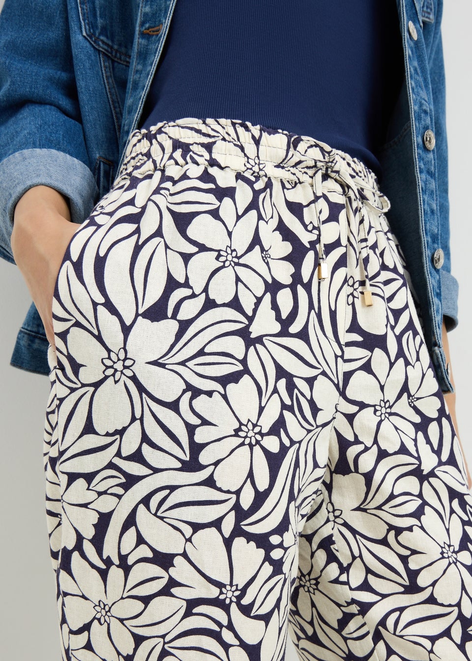 Navy Print Linen Blend Tapered Trousers