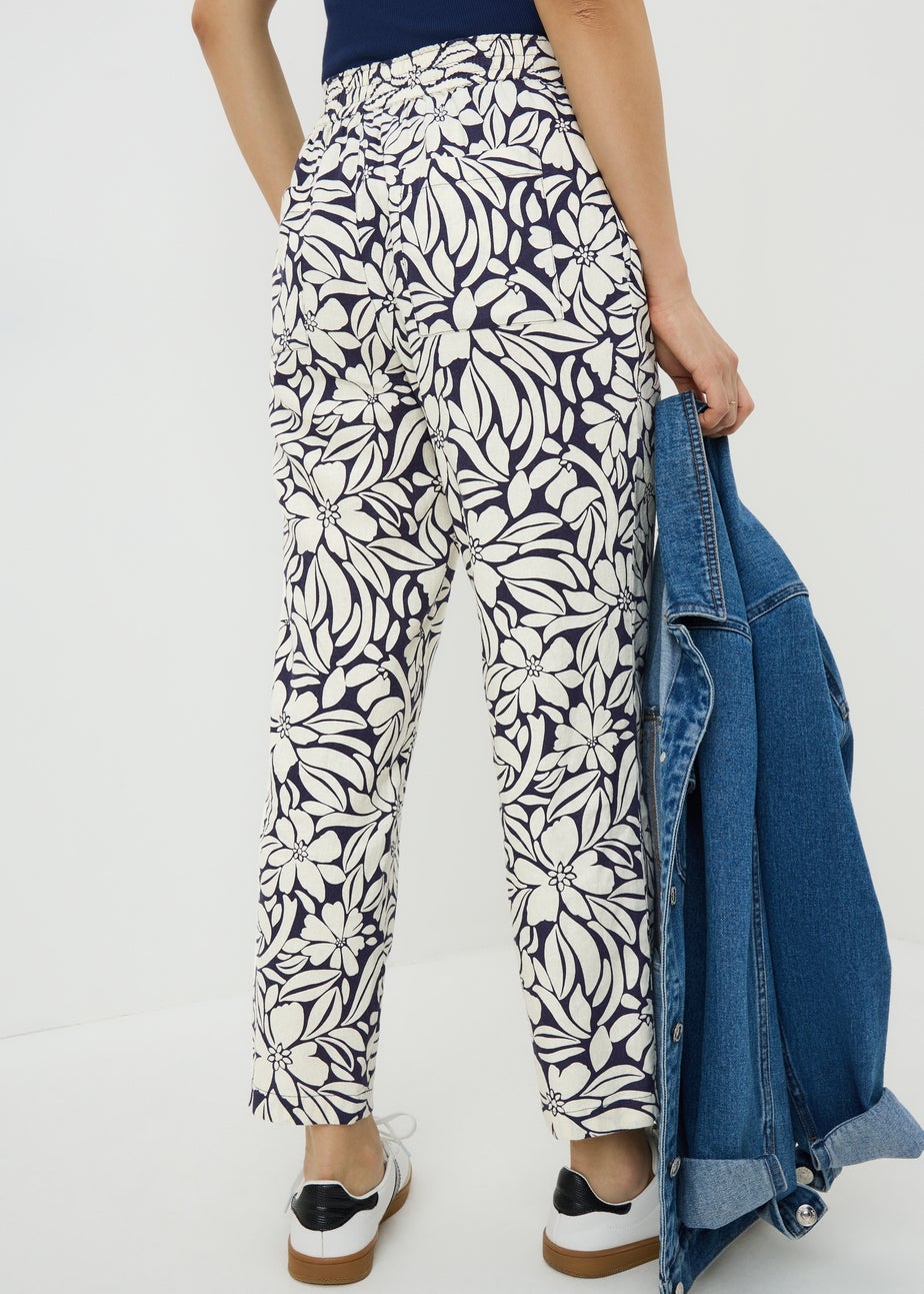 Navy Print Linen Blend Tapered Trousers
