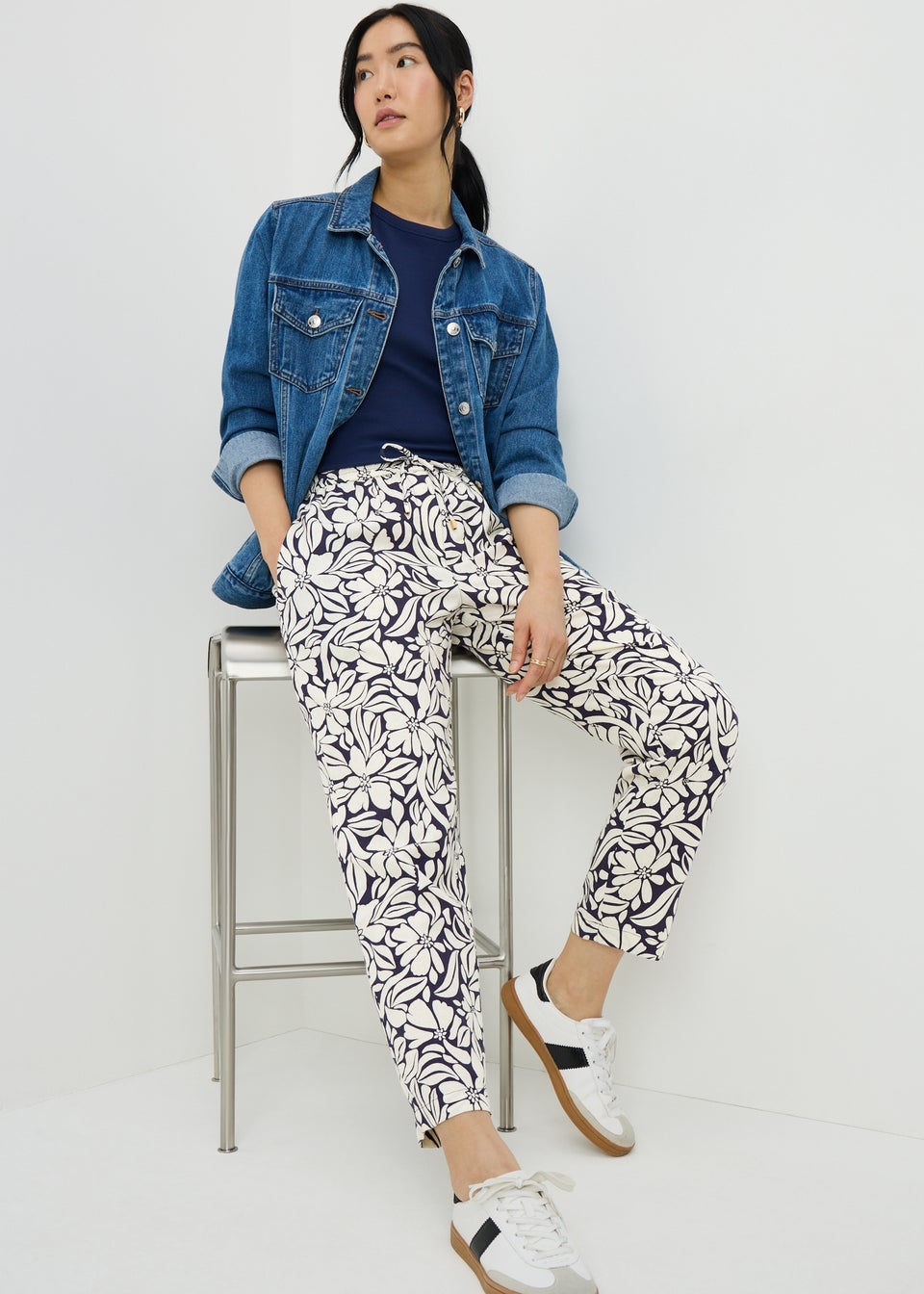 Navy Print Linen Blend Tapered Trousers