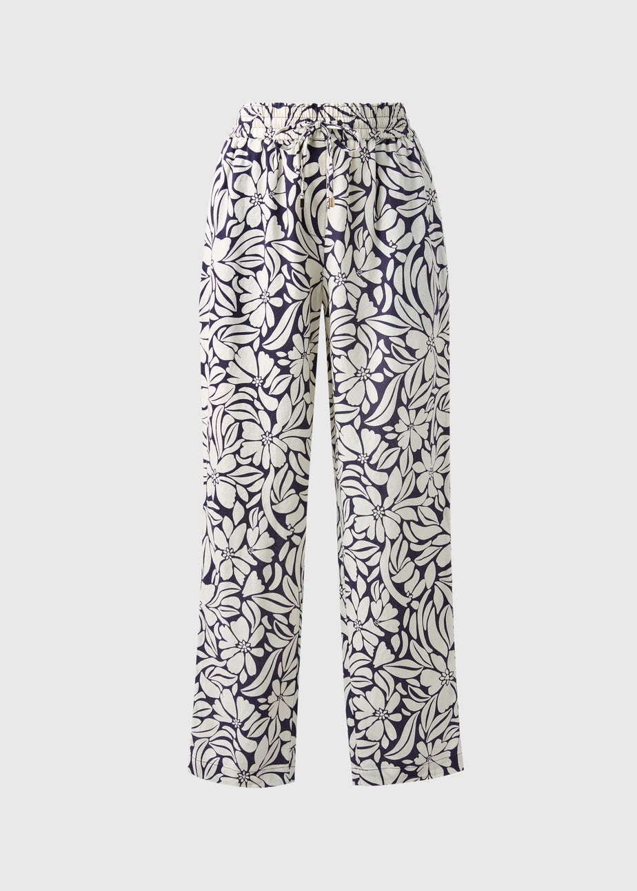 Navy Print Linen Blend Tapered Trousers