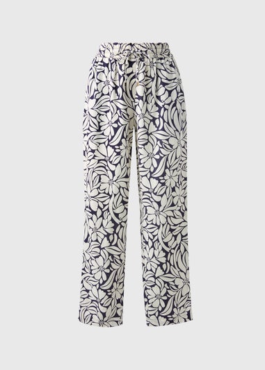 Navy Print Linen Blend Tapered Trousers