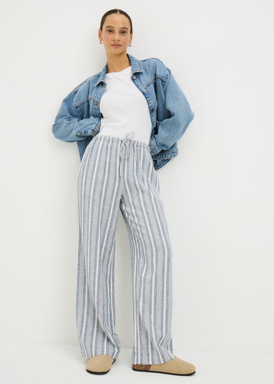 Blue Stripe Linen Blend Wide Leg Trousers