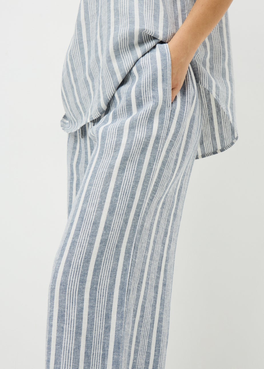 Blue Stripe Linen Blend Wide Leg Trousers