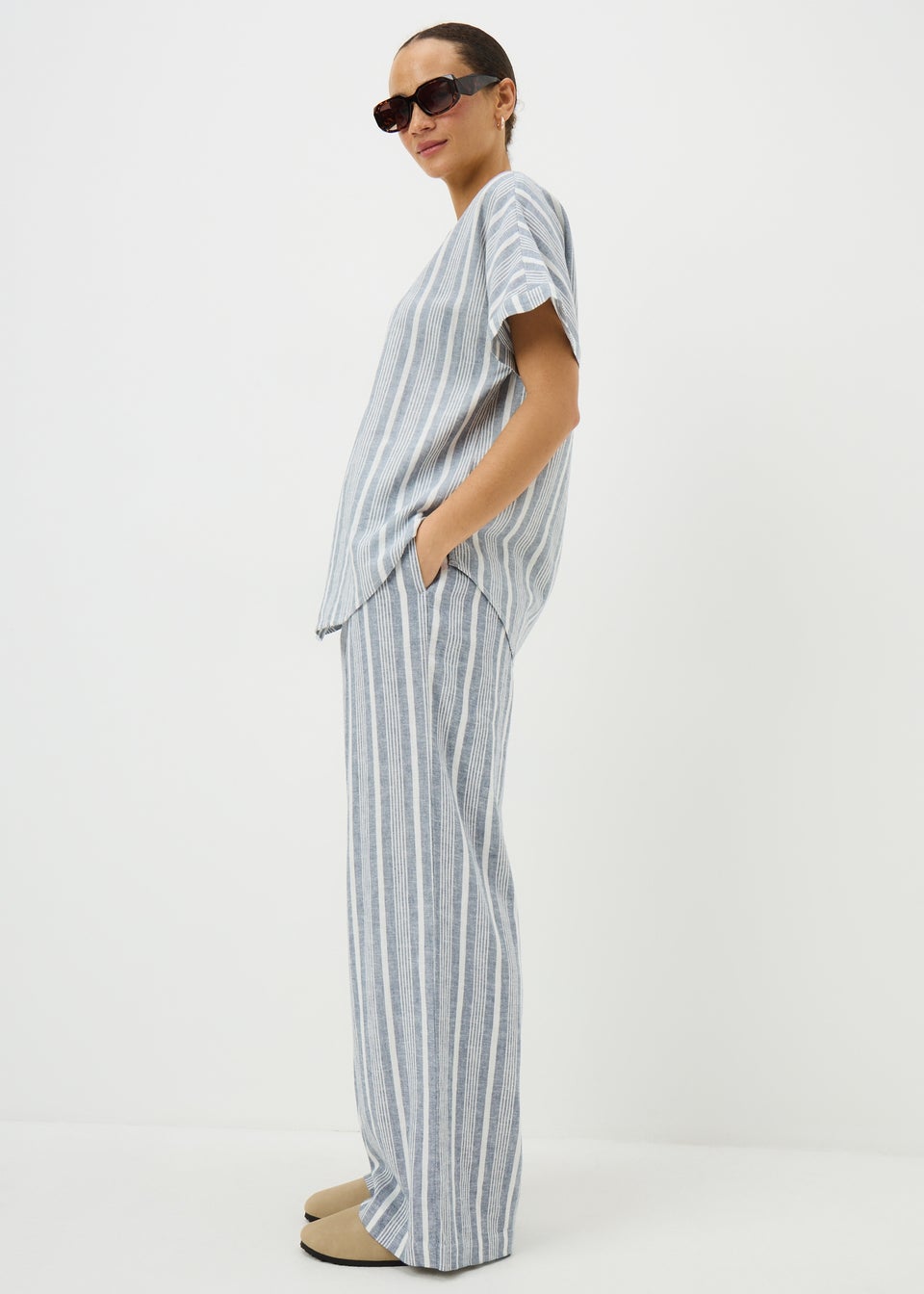 Blue Stripe Linen Blend Wide Leg Trousers