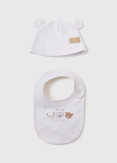 Baby White Bear Layette Hat & Bib Set (Newborn-6mths)