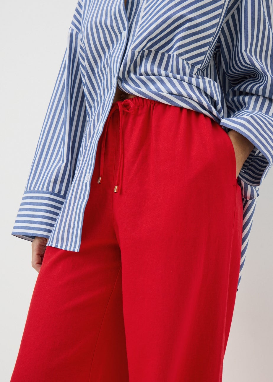 Red Linen Blend Wide Leg Trousers
