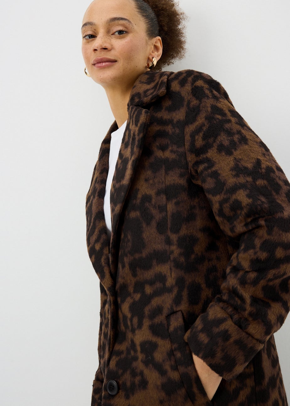 Brown Animal Print Long Smart Coat