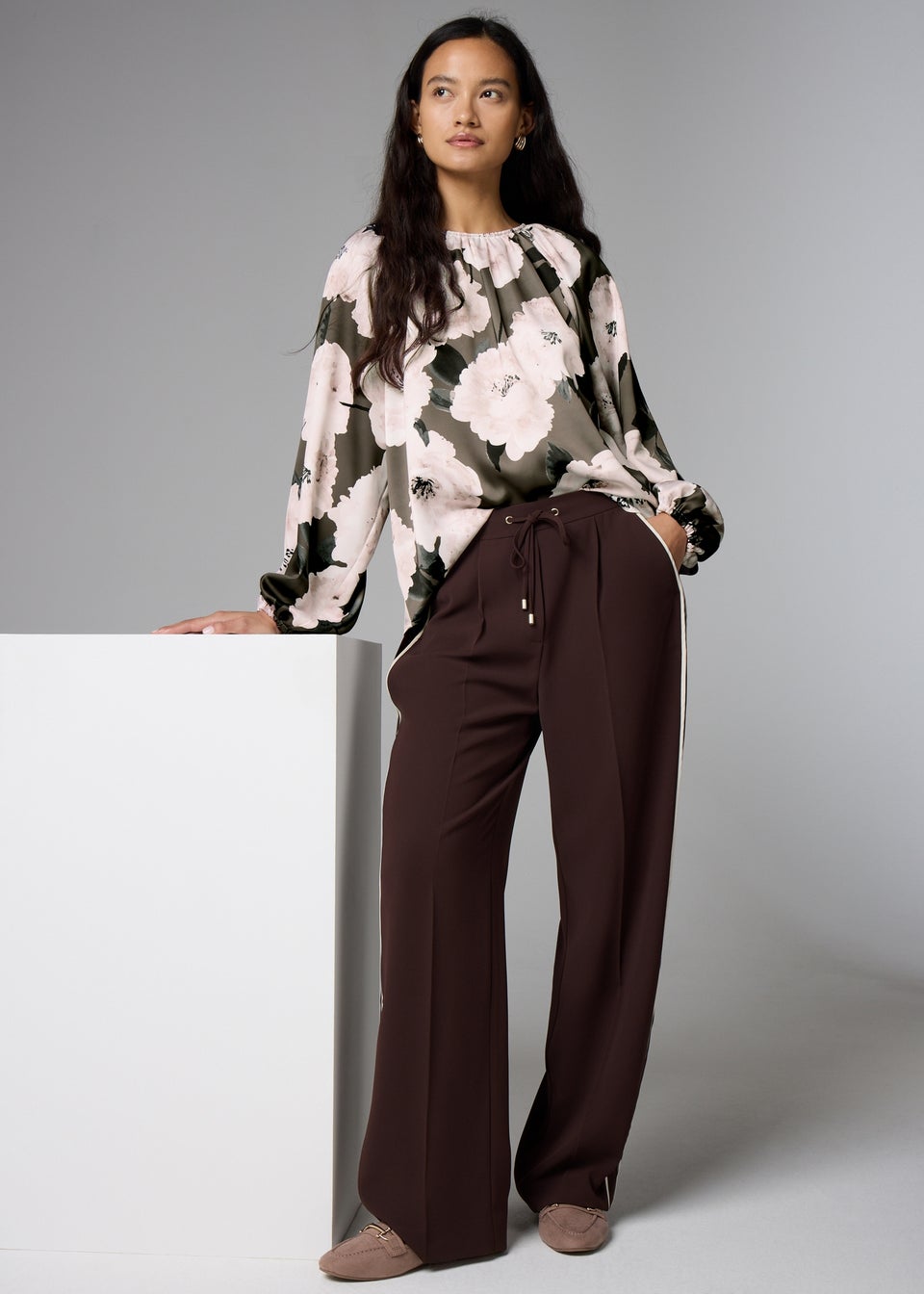 Oatmeal Satin Floral Blouse