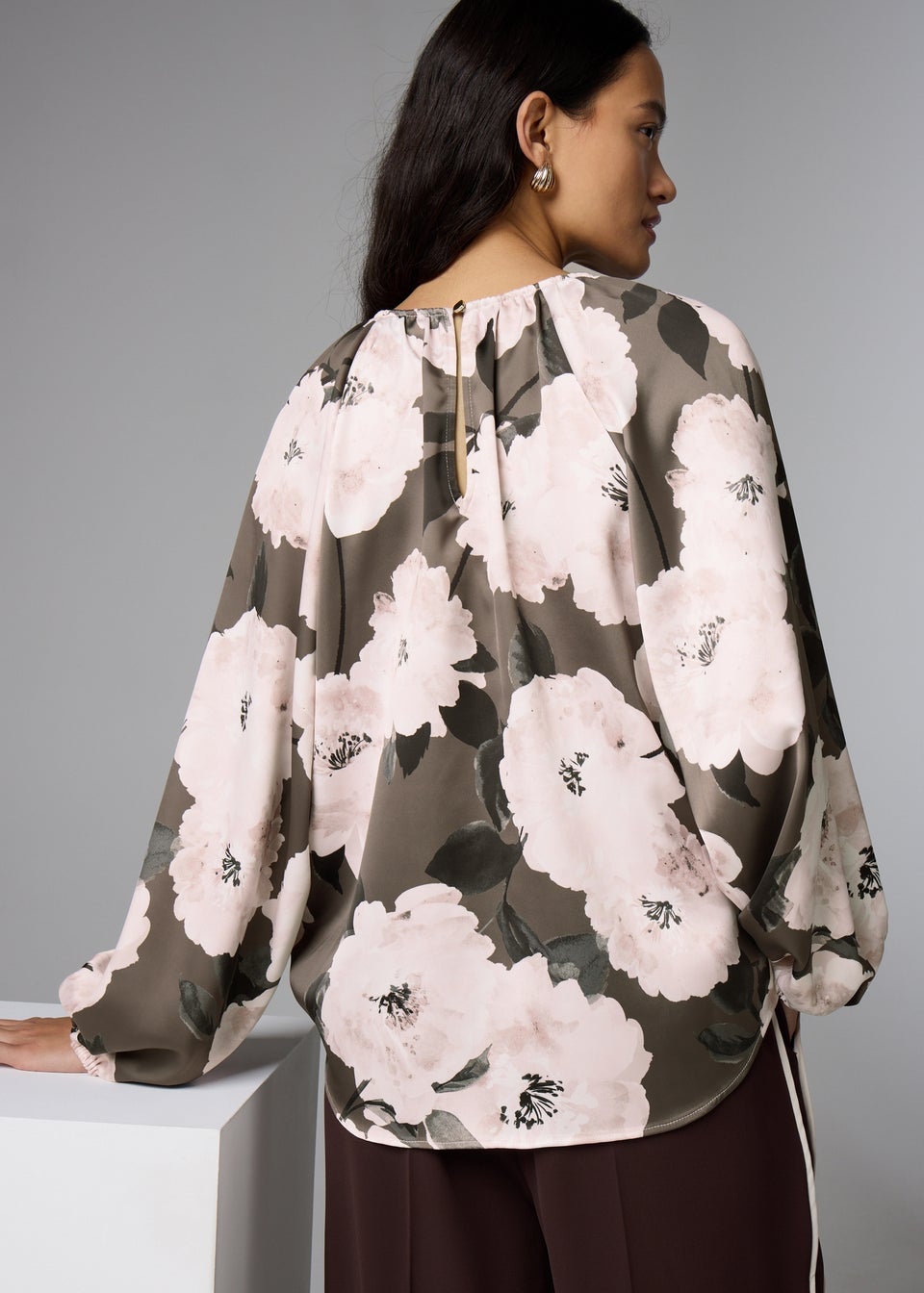 Oatmeal Satin Floral Blouse