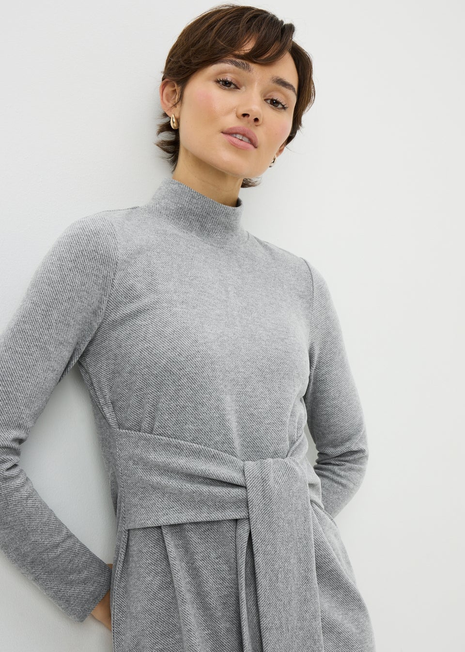 Grey Jersey Tie Midi Dress