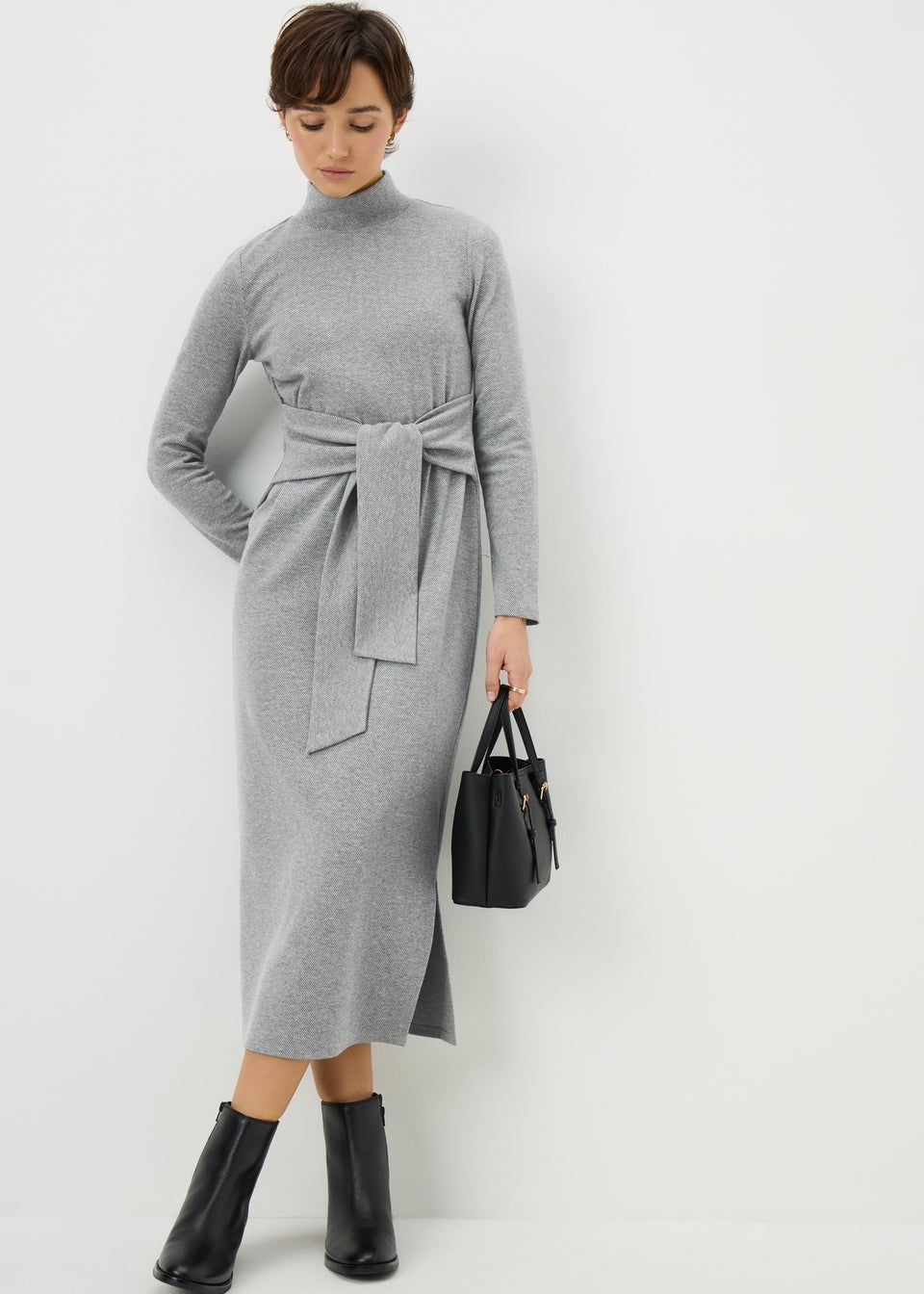 Grey Jersey Tie Midi Dress