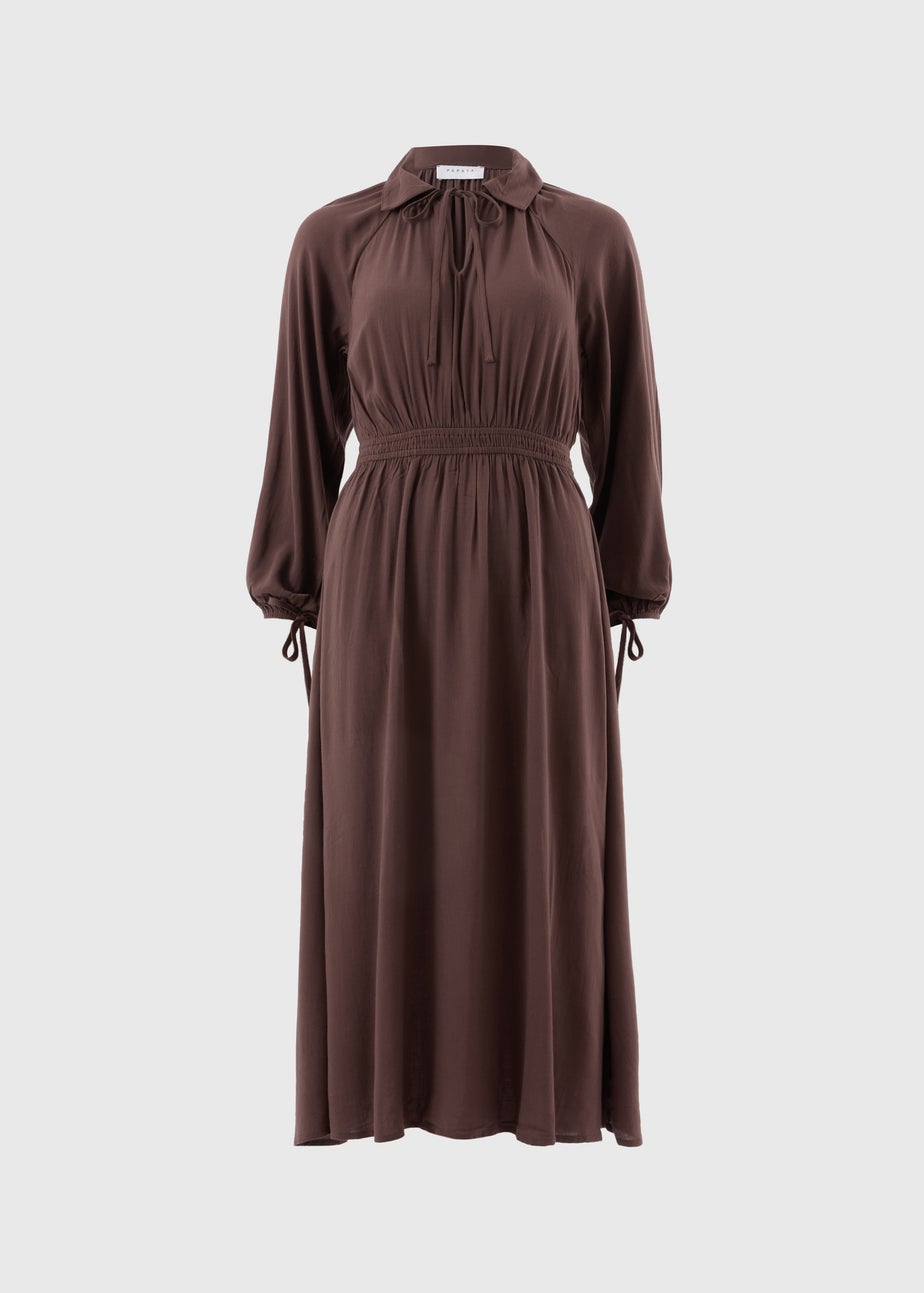 Brown Tie Neck Midaxi Dress