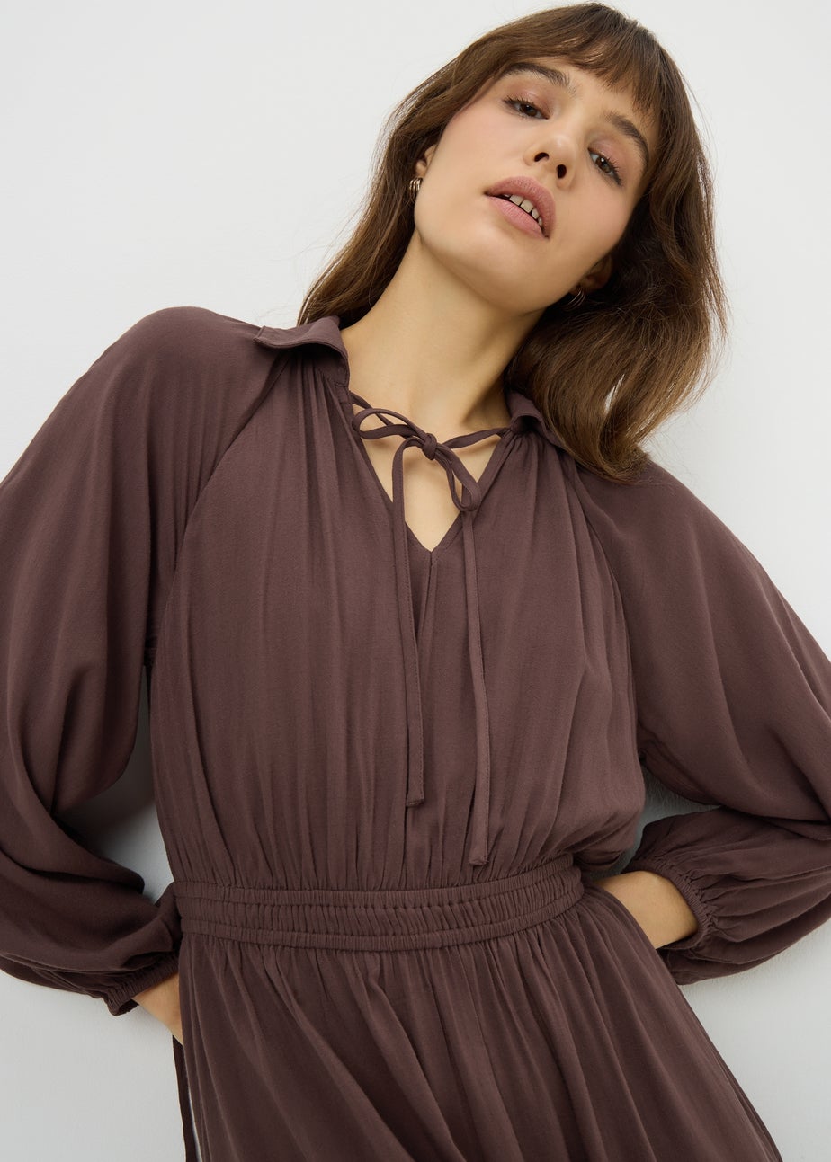 Brown Tie Neck Midaxi Dress