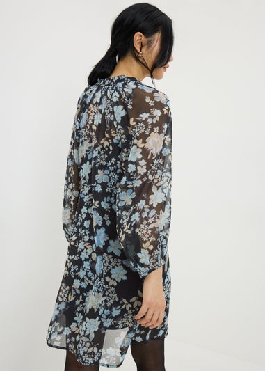 Blue Floral Shirred Neck Dress