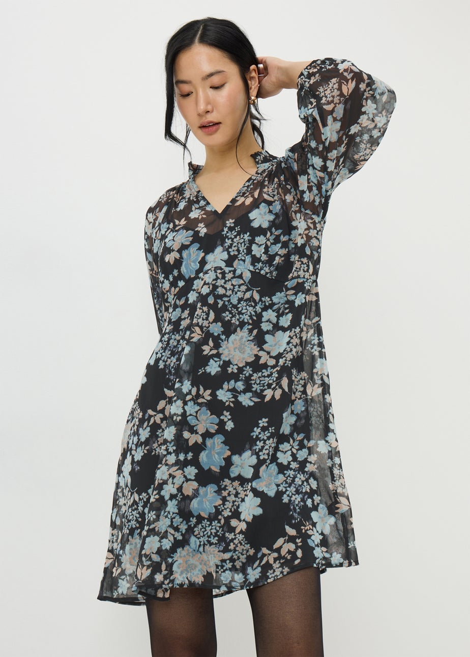 Blue Floral Shirred Neck Dress