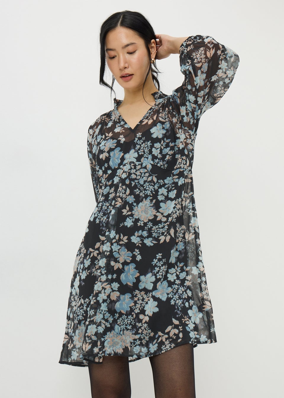 Blue Floral Shirred Neck Dress