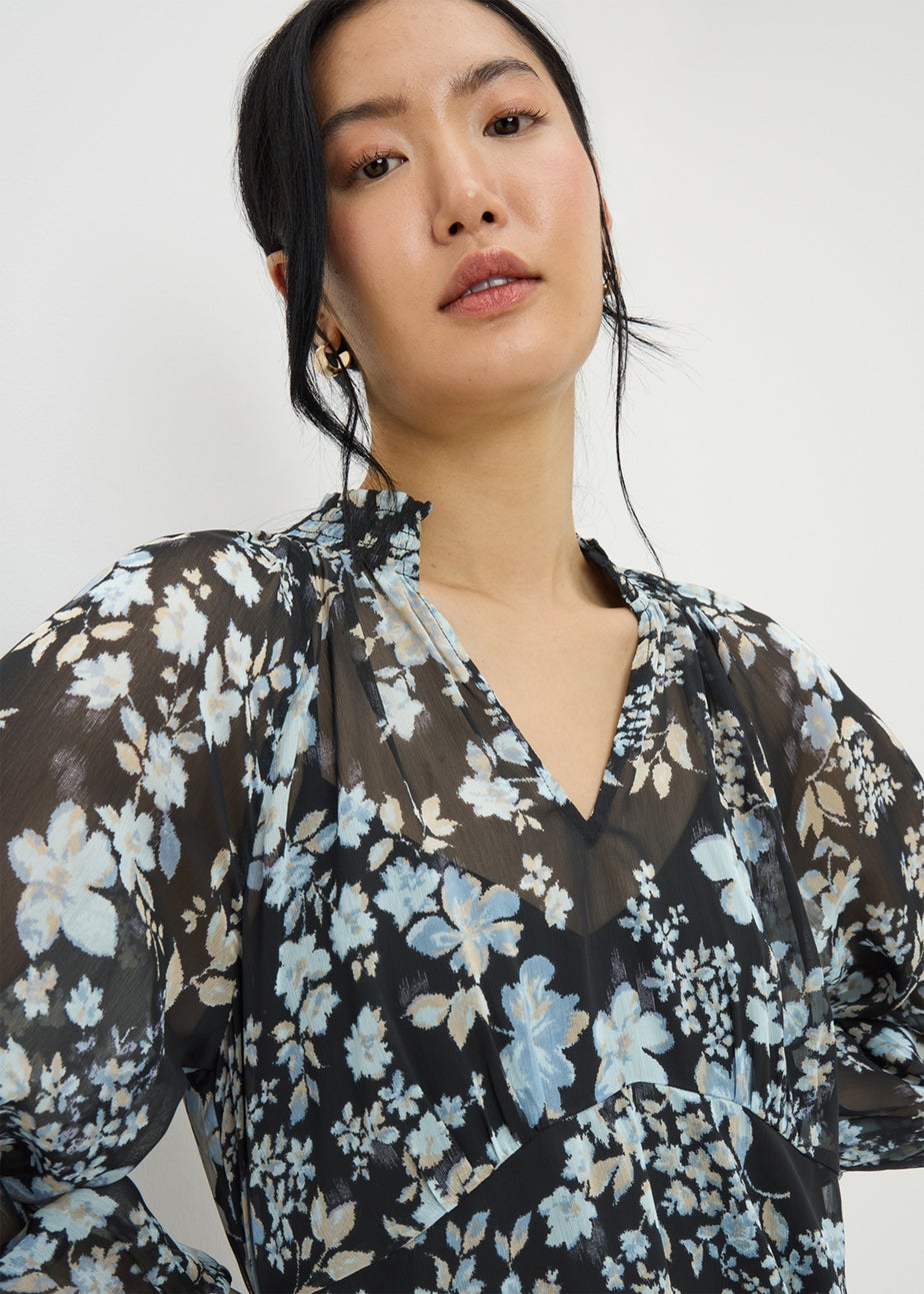 Blue Floral Shirred Neck Dress