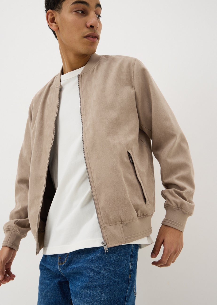 Stone Faux Suede Bomber Jacket