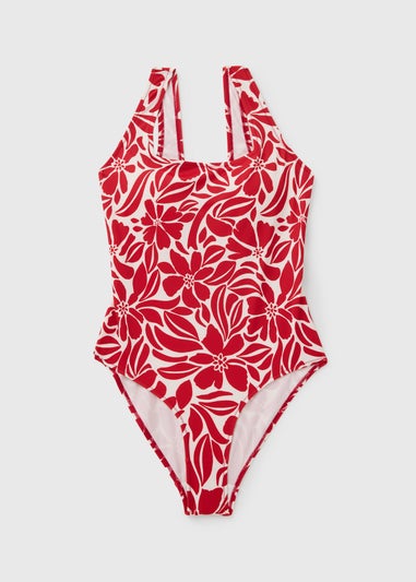 Red Floral Stamp Square Neck Swimsuit