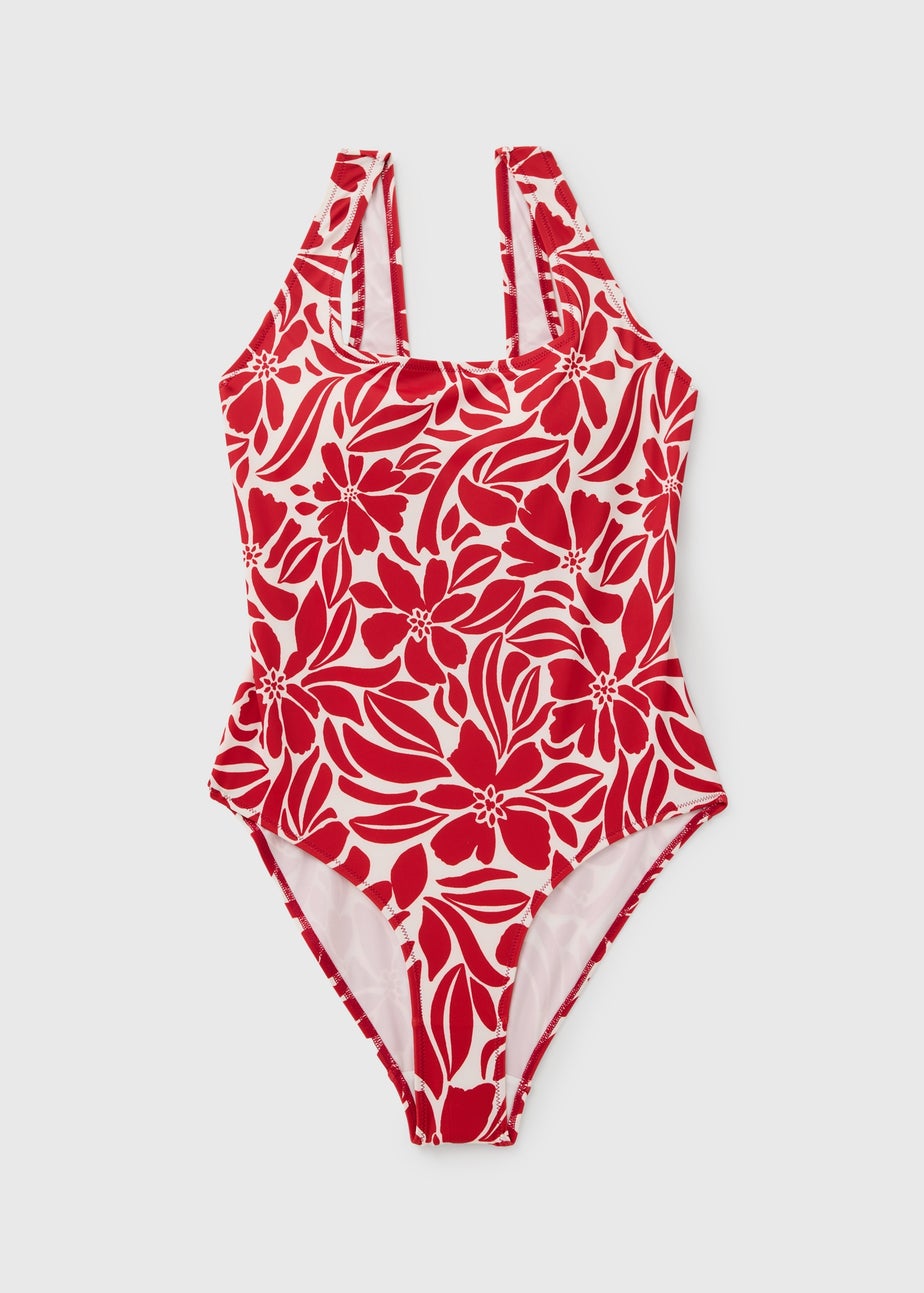 Red Floral Stamp Square Neck Swimsuit