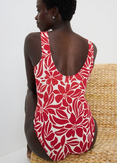 Red Floral Stamp Square Neck Swimsuit