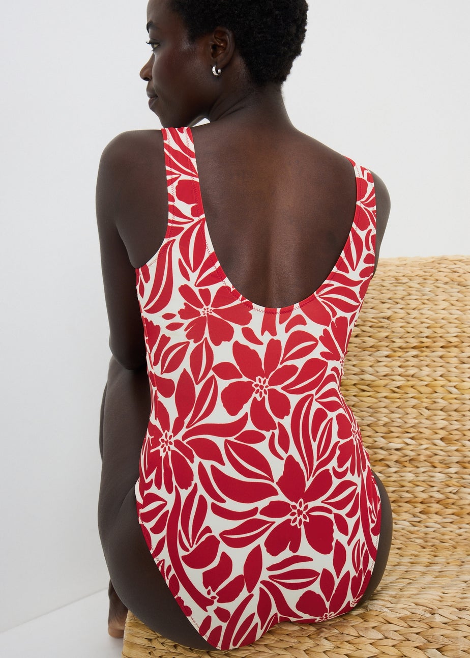 Red Floral Stamp Square Neck Swimsuit