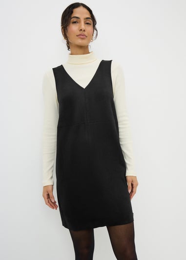 Black Faux Suede Pinafore Dress
