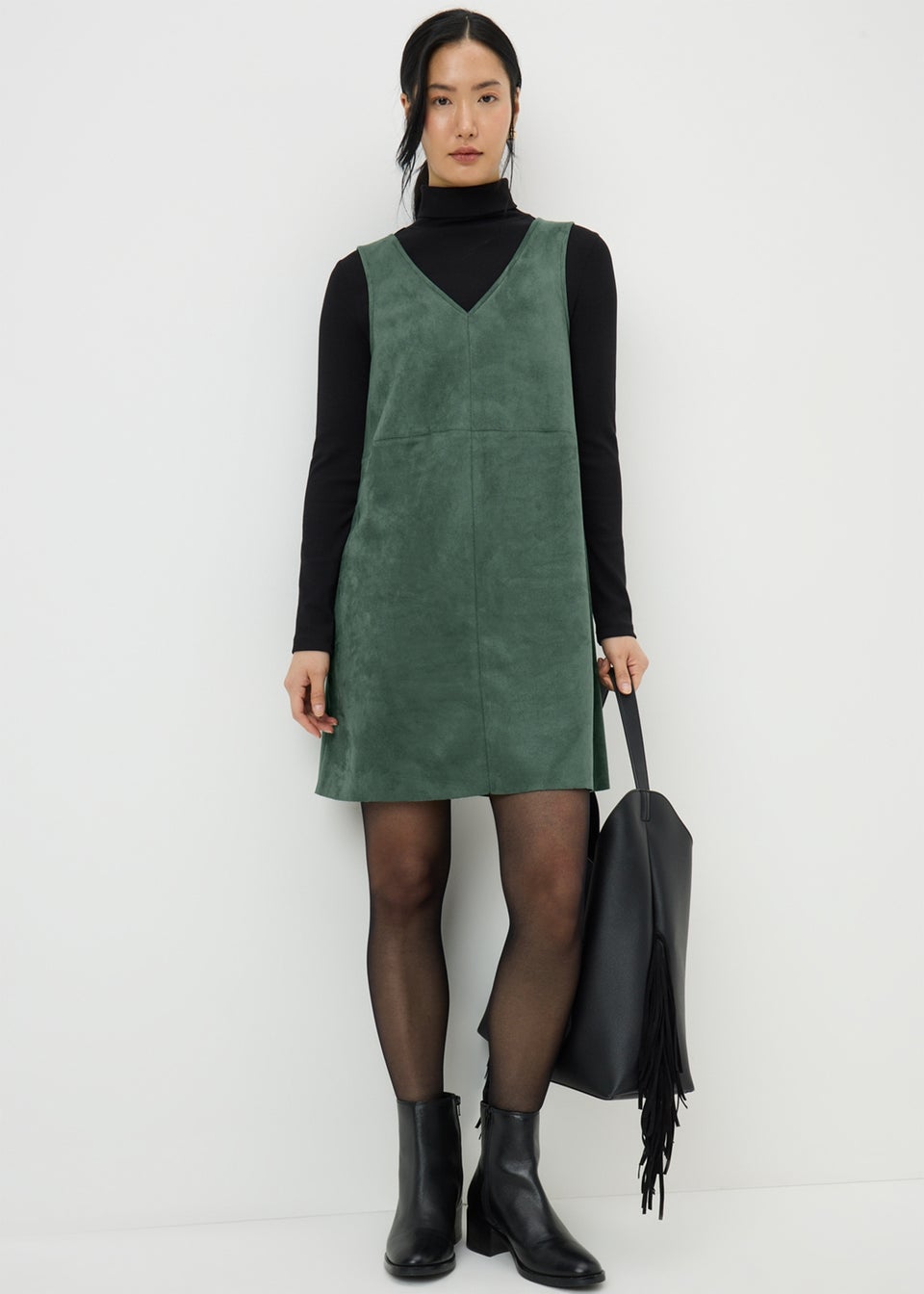 Teal Faux Suede Pinafore Dress