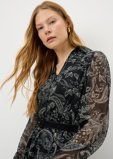 Black Paisley Belted Midaxi Dress