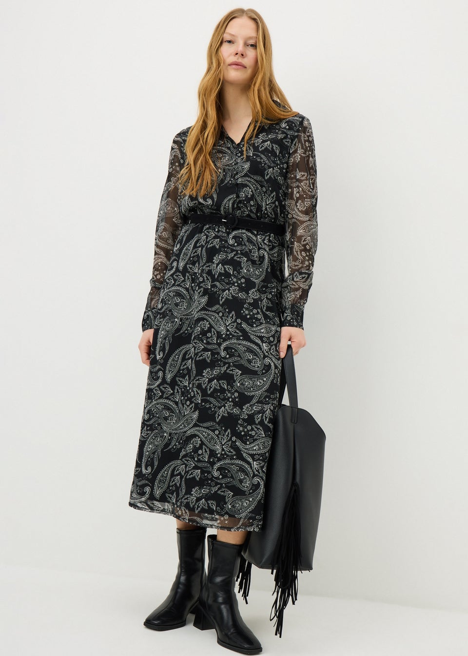 Black Paisley Belted Midaxi Dress