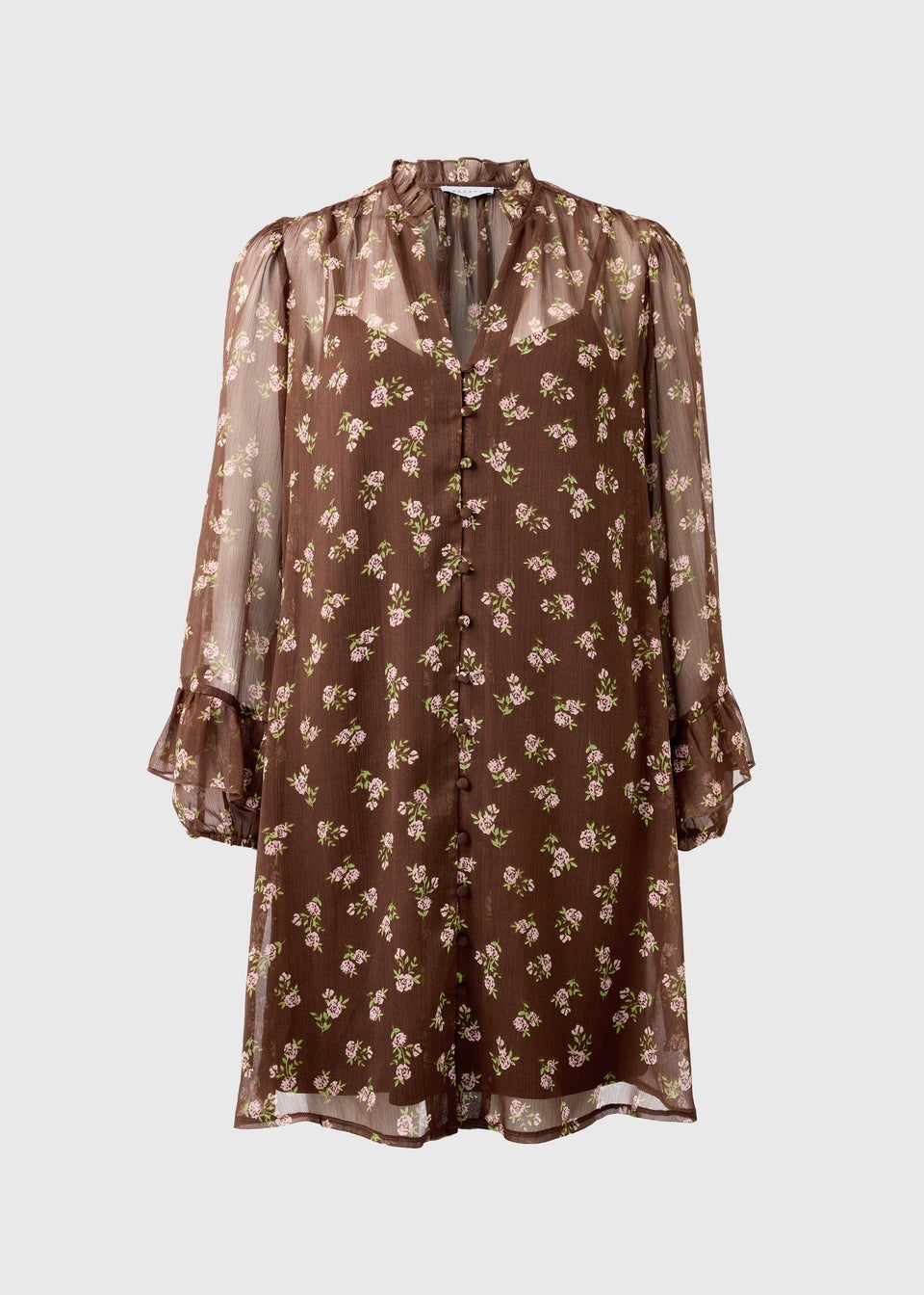 Brown Ditsy Floral Sheer Ruffle Mini Dress