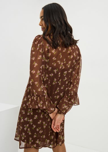 Brown Ditsy Floral Sheer Ruffle Mini Dress