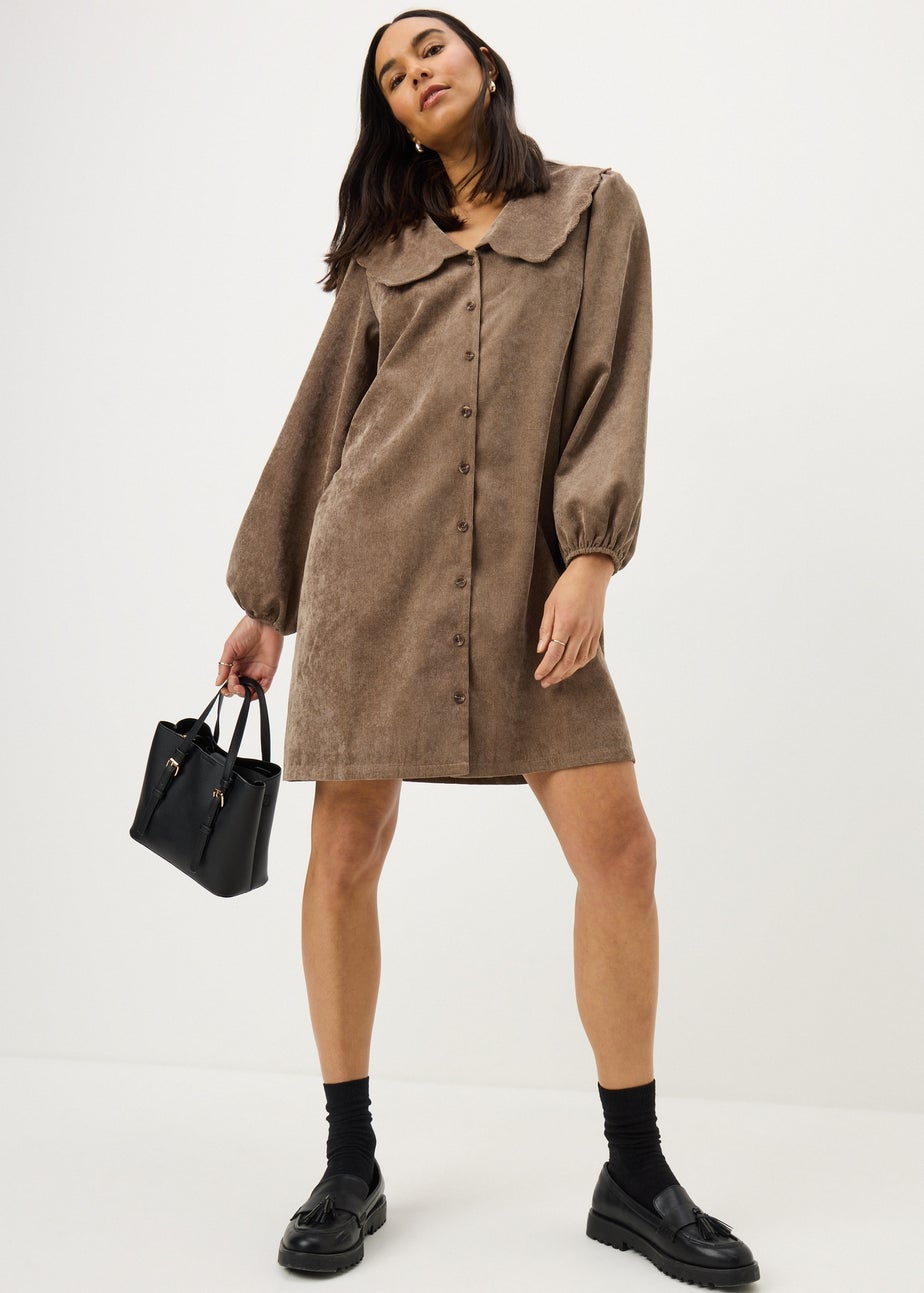 Brown Button Cord Collar Mini Dress