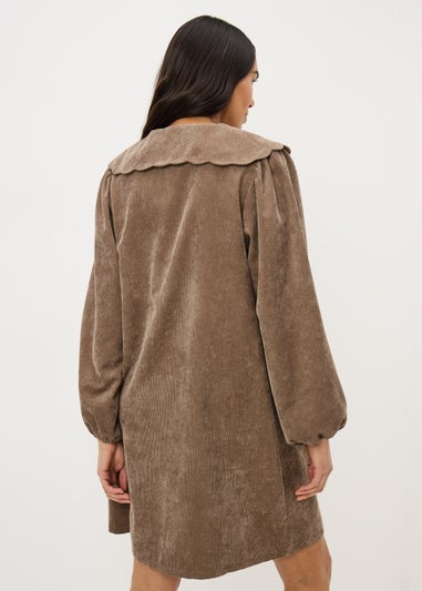 Brown Button Cord Collar Mini Dress