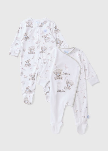Tiny Tatty Teddy 2 Pack Baby White Zip Sleepsuits (Newborn-12mths)