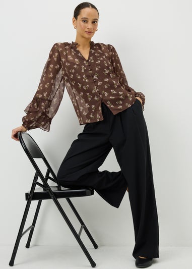 Chocolate Brown Floral Ruffle Blouse