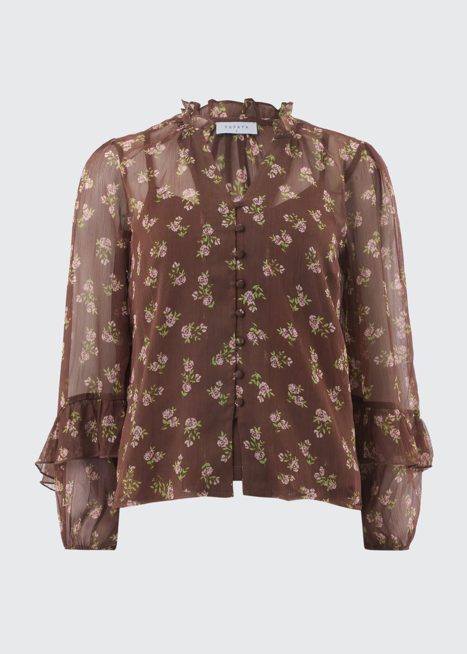 Chocolate Brown Floral Ruffle Blouse