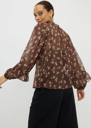 Chocolate Brown Floral Ruffle Blouse