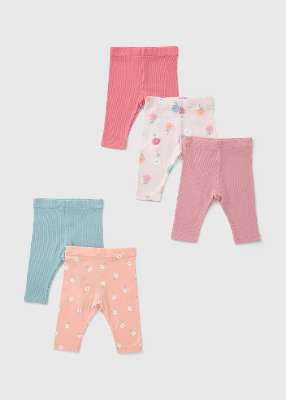 5 Pack Baby Pink Floral Leggings (Newborn-23mths)