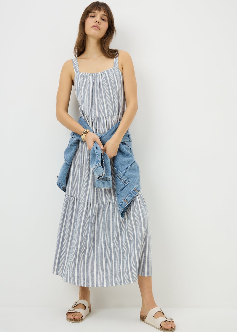 Blue Stripe Linen Rich Midaxi Dress