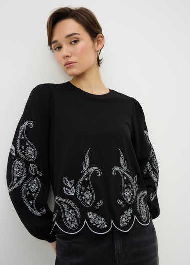 Black Embroidered Long Sleeve Top