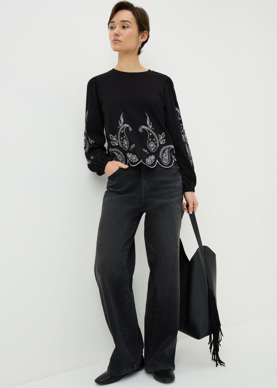 Black Embroidered Long Sleeve Top