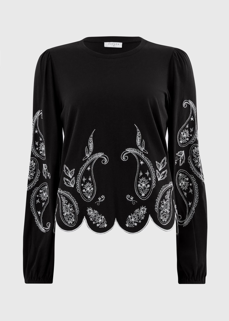 Black Embroidered Long Sleeve Top