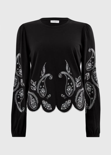 Black Embroidered Long Sleeve Top