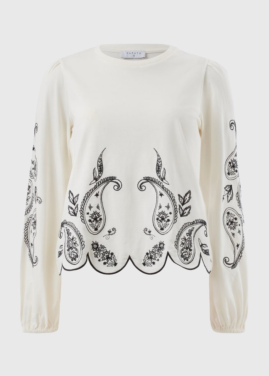 White Embroidered Long Sleeve Top