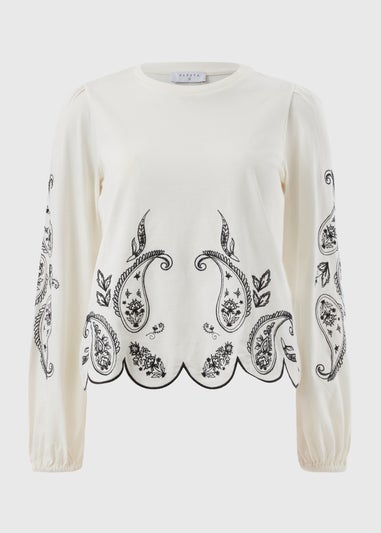 White Embroidered Long Sleeve Top