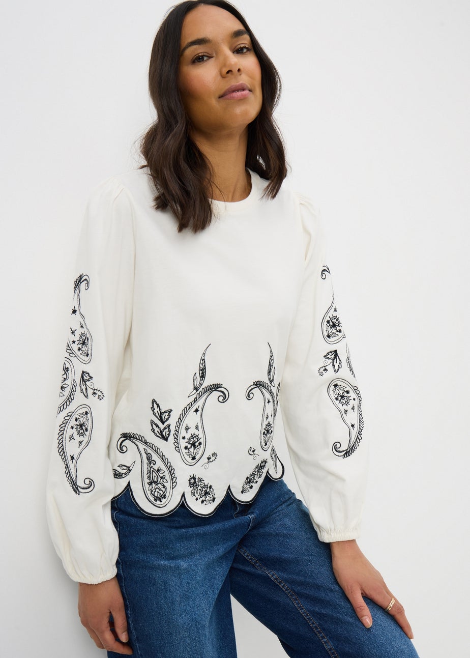 White Embroidered Long Sleeve Top