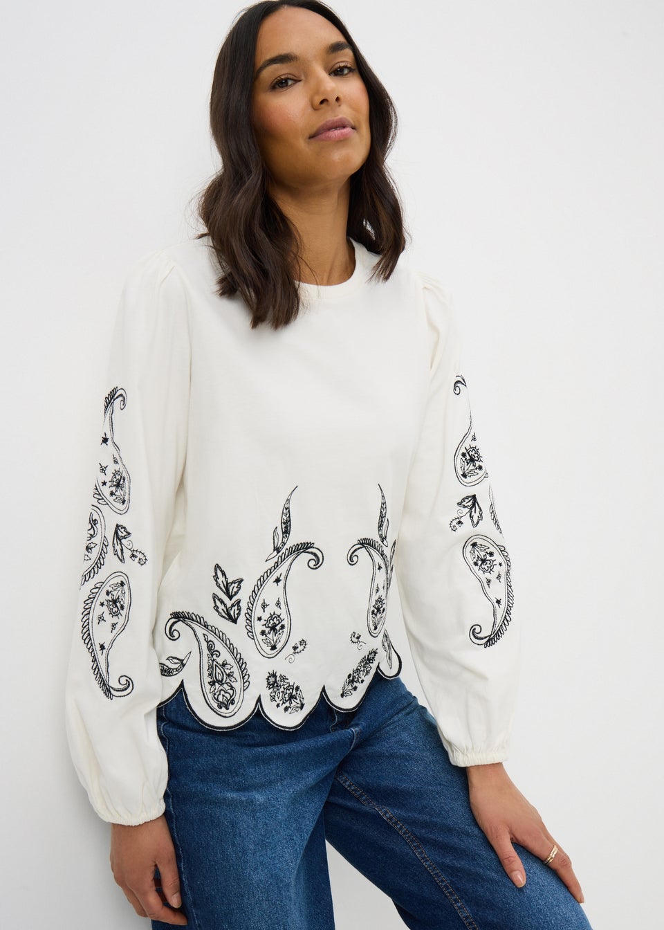 White Embroidered Long Sleeve Top