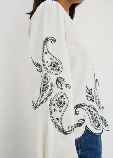 White Embroidered Long Sleeve Top