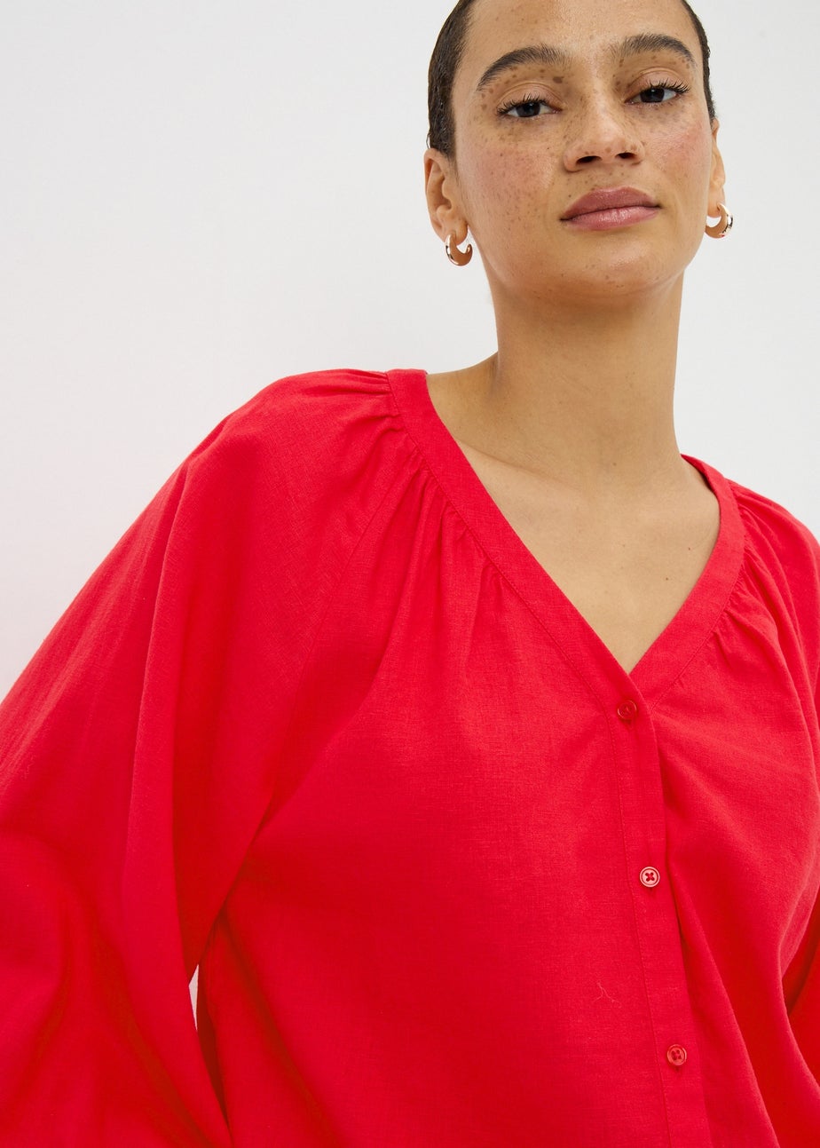 Red Linen Rich Gathered Blouse